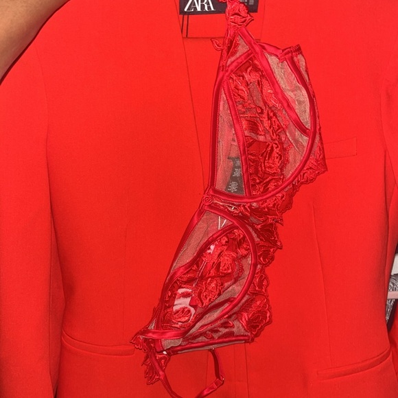 NWT Zara M business SUIT SET RED lapelless BLAZER+PANTS - Picture 6 of 6